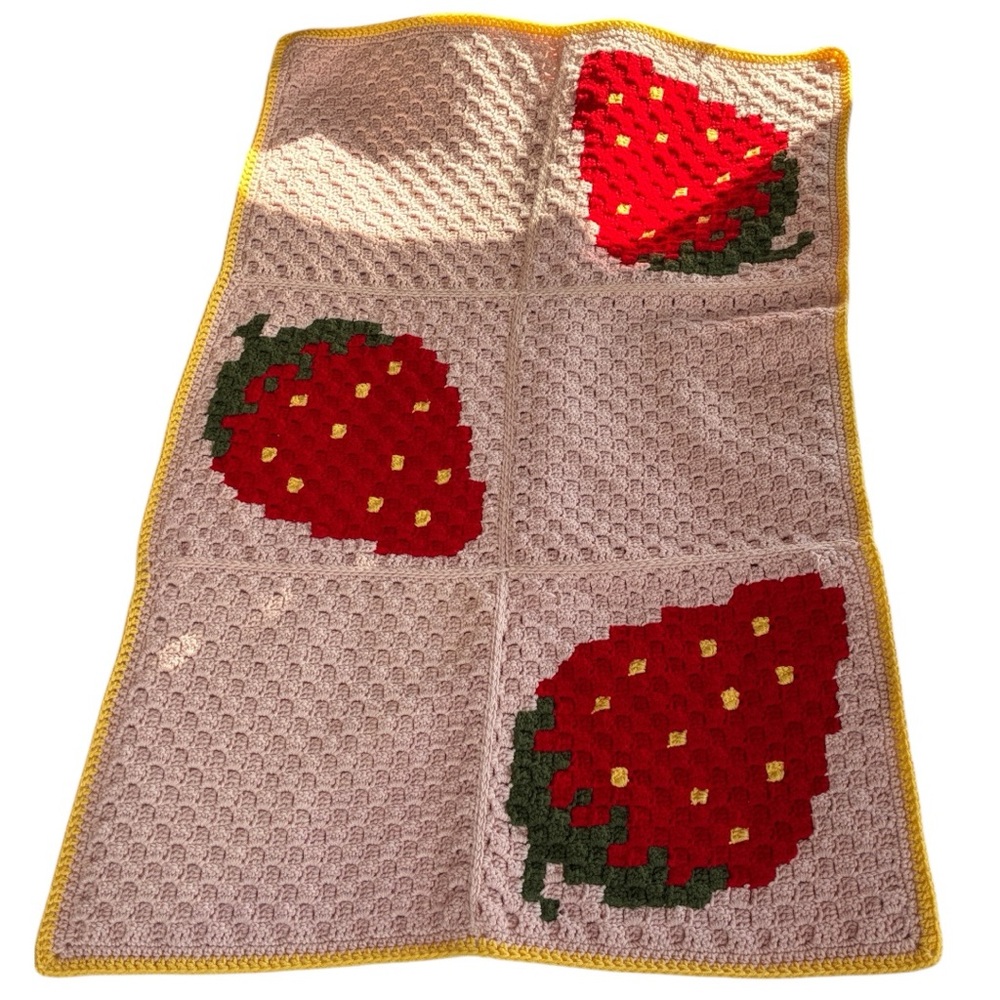 Strawberry Crochet Blanket Childs Crib Size Like New Vibrant Red on Pink Blanket